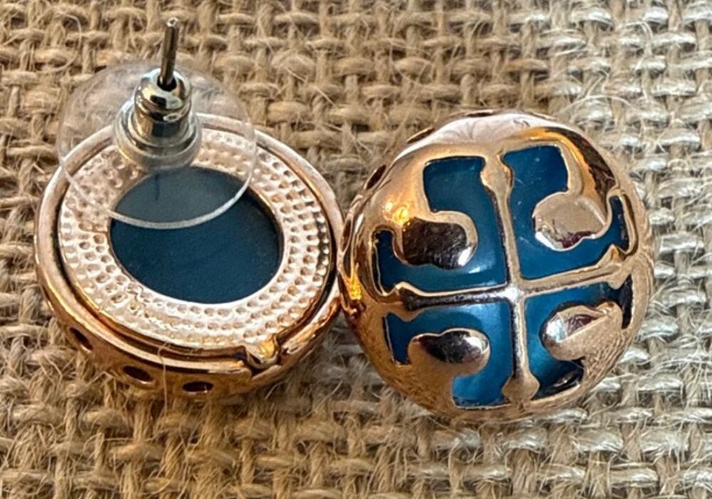 Tory Burch Miller Stud Earrings – Rose Gold & Blue Enamel Logo Corporate